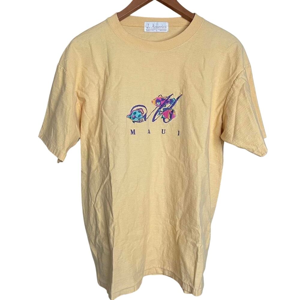 Vintage Textured Yellow Embroidered Maui Destination Vacation T-Shirt - Large